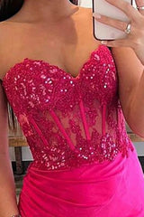 Cheap 2024 Hot Pink Lace Prom Dresses Strapless Sleeveless Formal Dress with Split