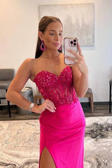 Cheap 2024 Hot Pink Lace Prom Dresses Strapless Sleeveless Formal Dress with Split