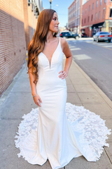 Cheap Boho V-Neck White Satin Wedding Dress Mermaid with Appliques