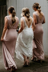 Cheap Chiffon Blush Pink Bridesmaid Dresses Sleeveless Deep V Neck