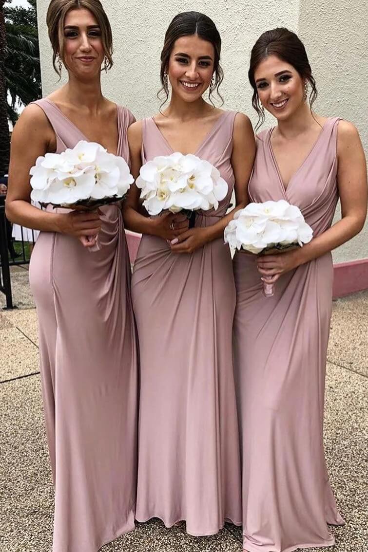 Cheap Chiffon Blush Pink Bridesmaid Dresses Sleeveless Deep V Neck