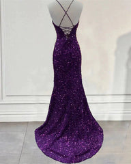Cheap Dark Purple Prom Dress Sequin Mermaid Formal Evening Dress Split