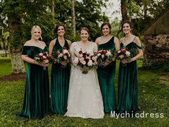 Cheap Emerald Green Velvet Bridesmaid Dresses 2024 Long Wedding Guest Dress