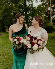 Cheap Emerald Green Velvet Bridesmaid Dresses 2024 Long Wedding Guest Dress