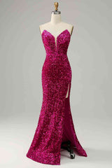 Custom Made Fuchsia Sequins Prom Dresses 2024 Strapless with Slit
