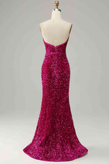 Custom Made Fuchsia Sequins Prom Dresses 2024 Strapless with Slit
