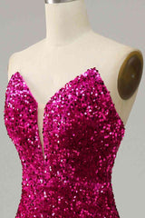 Custom Made Fuchsia Sequins Prom Dresses 2024 Strapless with Slit