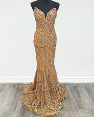 Cheap Gold Sequin Iridescent Prom Dresses 2024 Strapless Long Mermaid Formal Dress