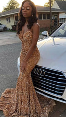 Cheap Gold Sequin Iridescent Prom Dresses 2024 Strapless Long Mermaid Formal Dress