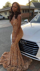 Cheap Gold Sequin Iridescent Prom Dresses 2024 Strapless Long Mermaid Formal Dress