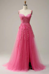 Cheap Hot Pink Lace Corset Prom Dresses A Line Formal Gowns