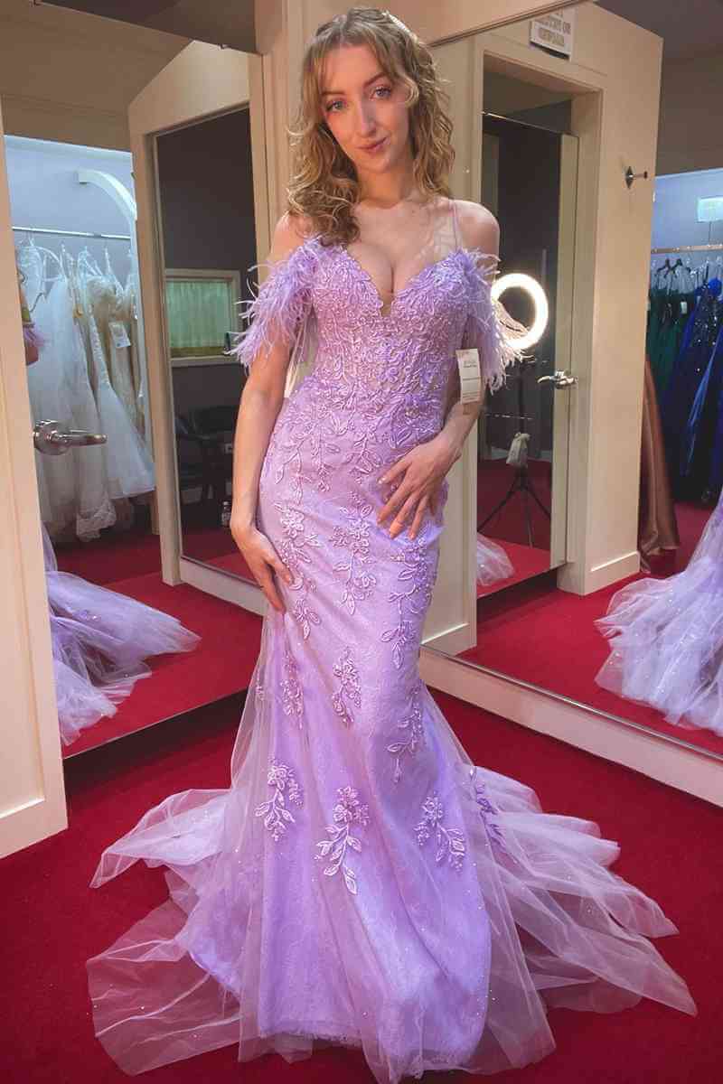 Cheap Lace 2024 Lavender Prom Dresses Mermaid Cold Shoulder with Feathers