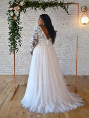 Cheap Lace Tulle Plus Size Wedding Dresses Long Sleeves V Neck Backless