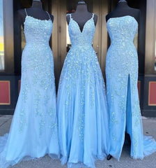 Cheap Long Lace Blue Prom Dresses Applique Mermaid Evening Formal Gowns
