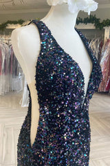 Cheap Meremaid Iridescent Sequin Prom Dress Cheap V Neck Long Formal Dress