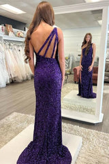 Cheap Mermaid 2024 One Shoulder Prom Dresses Purple Sequins Long Formal Wears