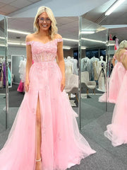 Cheap Off Shoulder 2024 Pink Formal Dresses Lace Long Prom Dresses with High Slit
