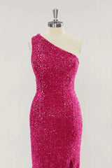 Cheap One Shoulder Long Prom Dress Hot Pink Sequins Mermaid Slit