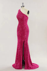 Cheap One Shoulder Long Prom Dress Hot Pink Sequins Mermaid Slit