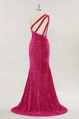Cheap One Shoulder Long Prom Dress Hot Pink Sequins Mermaid Slit