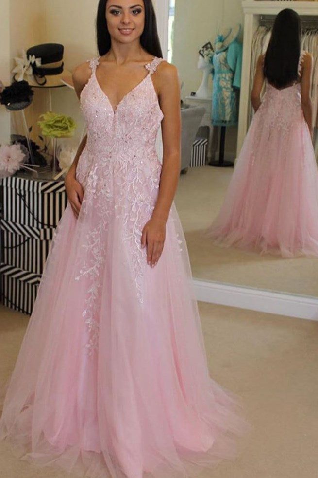 20224 Cheap Pink Prom Dresses Tulle Long Evening Dress with Appliques