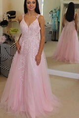 20224 Cheap Pink Prom Dresses Tulle Long Evening Dress with Appliques
