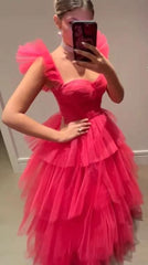 Cheap Pink Tulle 2024 Prom Dresses Ruffle Sleeveless Long Formal Evening Dress