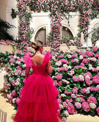 Cheap Pink Tulle 2024 Prom Dresses Ruffle Sleeveless Long Formal Evening Dress