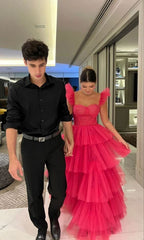 Cheap Pink Tulle 2024 Prom Dresses Ruffle Sleeveless Long Formal Evening Dress