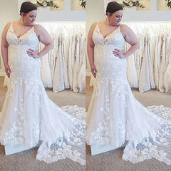 Cheap Plus Size Lace Wedding Dresses Mermaid V Neck Spaghetti Straps Bridal Gown