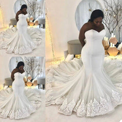 Cheap Plus Size Wedding Dresses Satin Mermaid Lace Appliques Bridal Dress Sweep Train