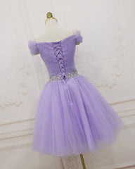 Cheap Lilac Tulle Homecoming Dress Off Shoulder Beaded Short Graduation Dress
