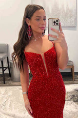 Cheap Red Sequins Mermaid Prom Dresses 2024 Straps Plunging Neck Formal Dress