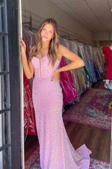 Cheap Red Sequins Mermaid Prom Dresses 2024 Straps Plunging Neck Formal Dress