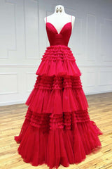 Cheap Red Tulle Prom Dresses 2024 V Neck Spaghetti Straps Long Formal Dresses