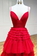 Cheap Red Tulle Prom Dresses 2024 V Neck Spaghetti Straps Long Formal Dresses