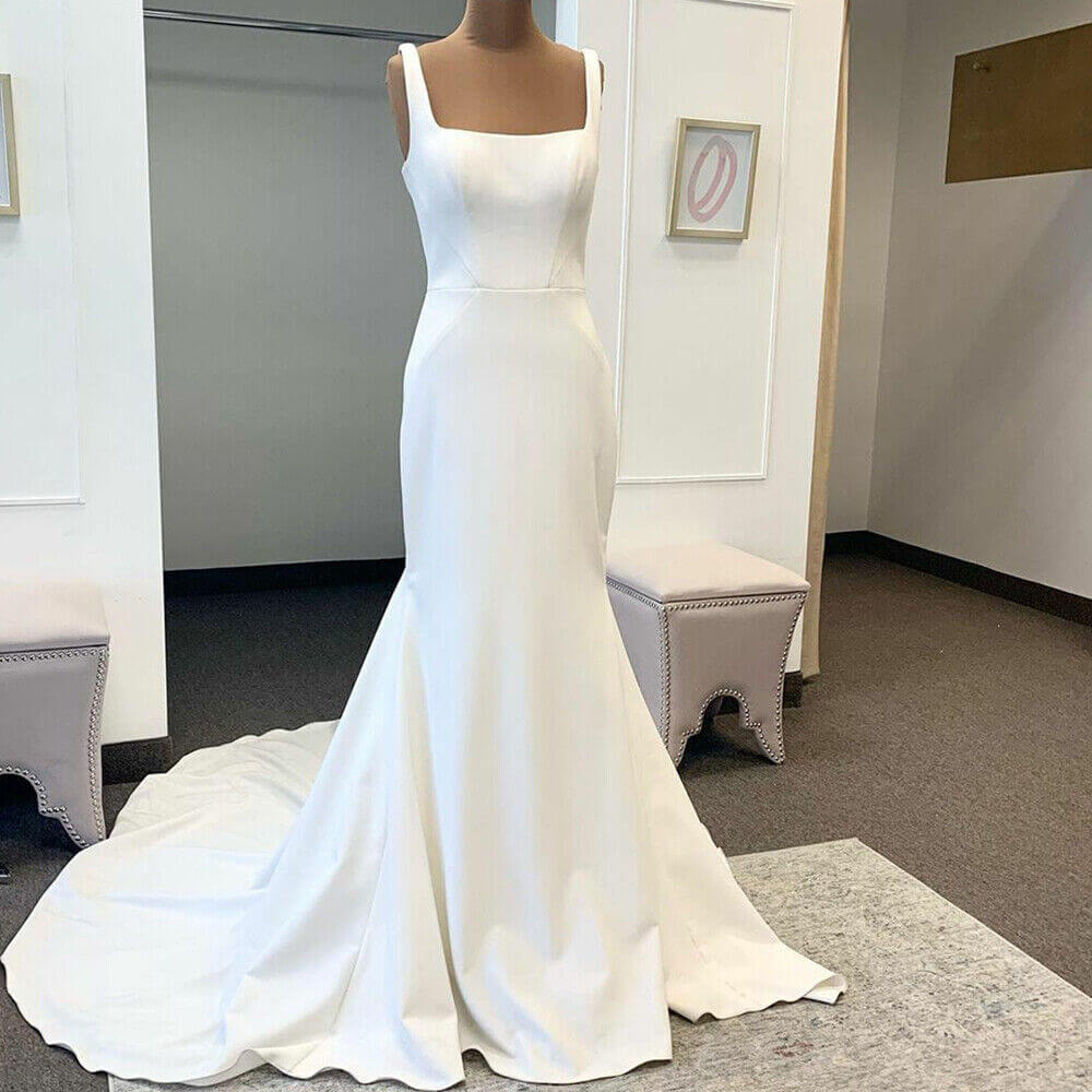 Cheap Satin Square Neck Wedding Dresses Mermaid Straps Bridal Gowns Buttons