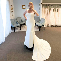 Cheap Satin Square Neck Wedding Dresses Mermaid Straps Bridal Gowns Buttons