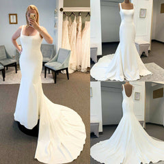 Cheap Satin Square Neck Wedding Dresses Mermaid Straps Bridal Gowns Buttons