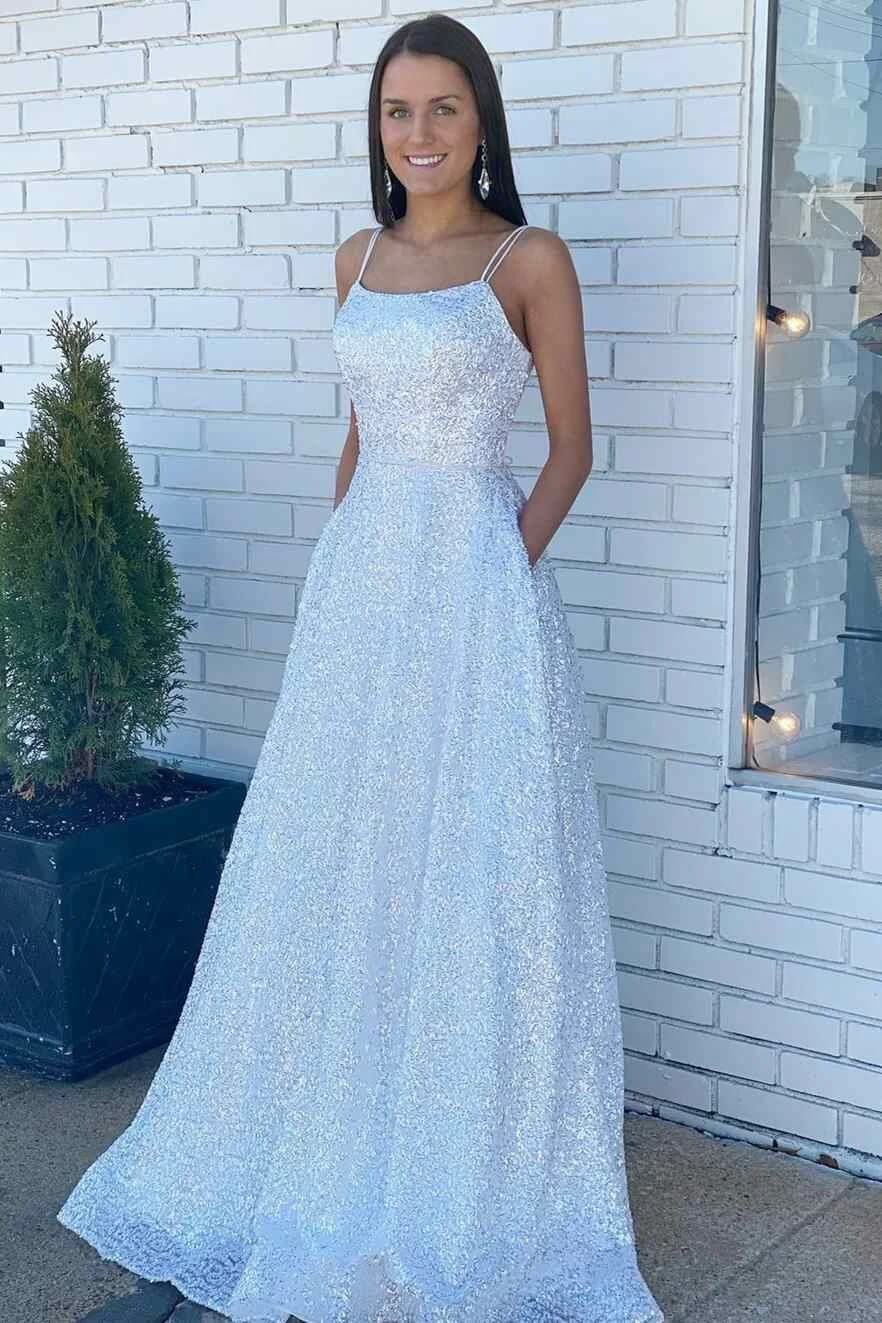 Cheap Sequins Evening Dress Square 2024 White Prom Dress Straps Slit Mermaid