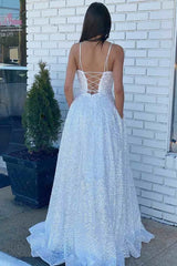 Cheap Sequins Evening Dress Square 2024 White Prom Dress Straps Slit Mermaid