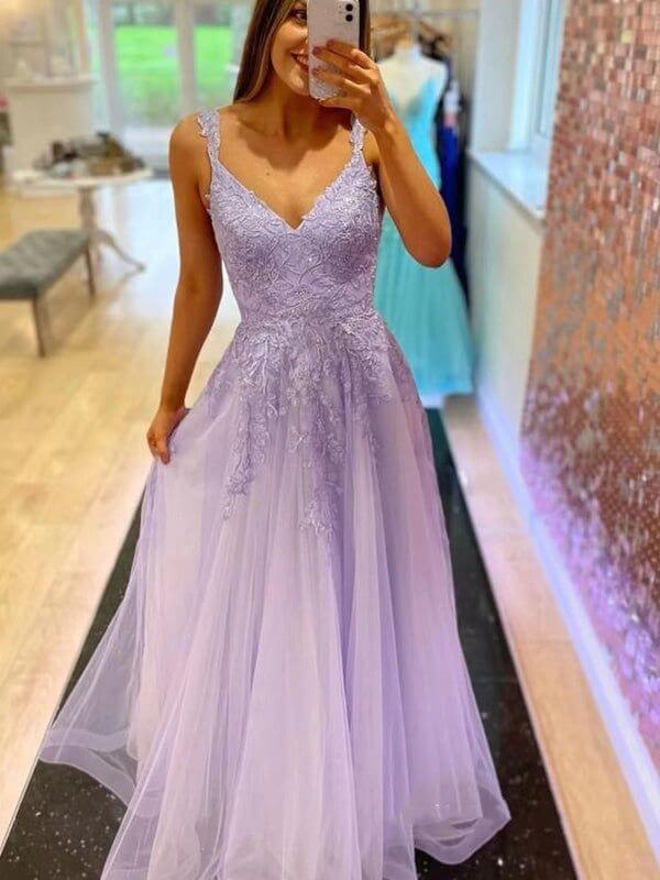 Cheap V Neck Lilac Lace Formal Dresses A Line Purple Long Prom Dresses