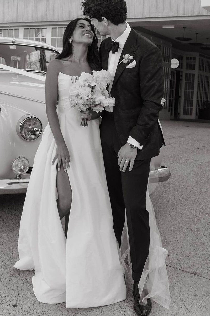 Cheap White Satin Wedding Dresses A-Line Strapless with Slit