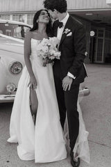 Cheap White Satin Wedding Dresses A-Line Strapless with Slit