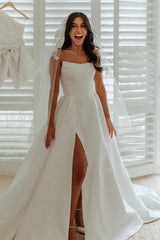 Cheap White Satin Wedding Dresses A-Line Strapless with Slit