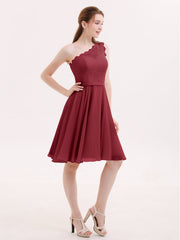 One Shoulder Short Lace Bridesmaid Dress Burgundy