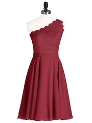 One Shoulder Short Lace Bridesmaid Dress Burgundy