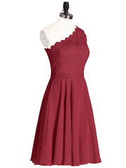 One Shoulder Short Lace Bridesmaid Dress Burgundy