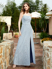 Square Neck Lace Bridesmaid Gown with Slit Dusty Blue