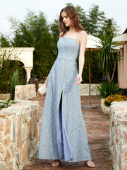 Square Neck Lace Bridesmaid Gown with Slit Dusty Blue
